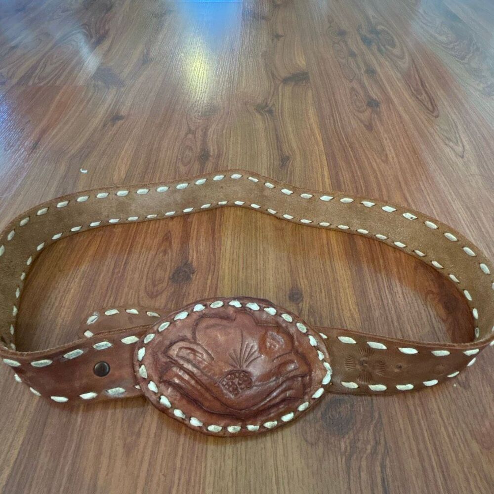 Vintage 70's western belts with leather buckle lotus flower "dot"